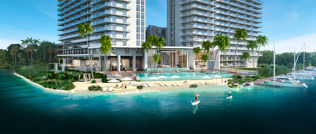 Aerial rendering of amenity beach, pool deck and marina at The Harbour