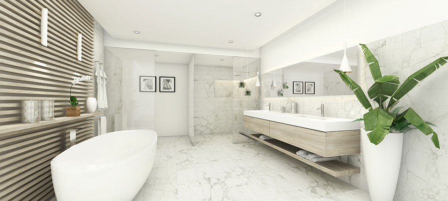 Residence master bathroom rendering with marble finishes and soaking tub