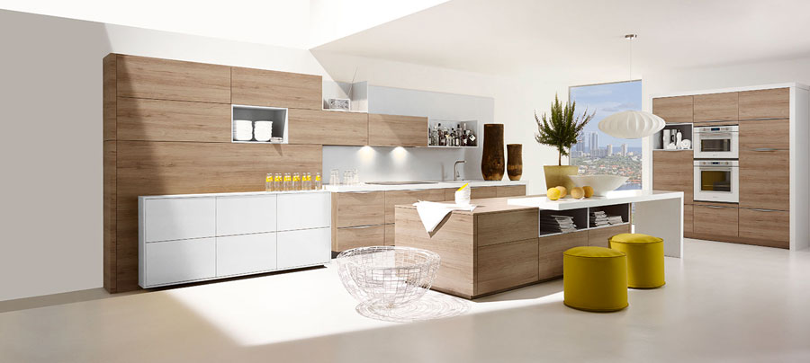 Residence kitchen rendering with wood cabinetry and waterfront light