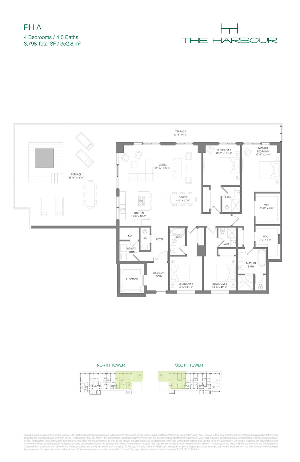 Penthouse A floor plan at The Harbour — 4 bedrooms, 4.5 baths, 3,798 total square feet
