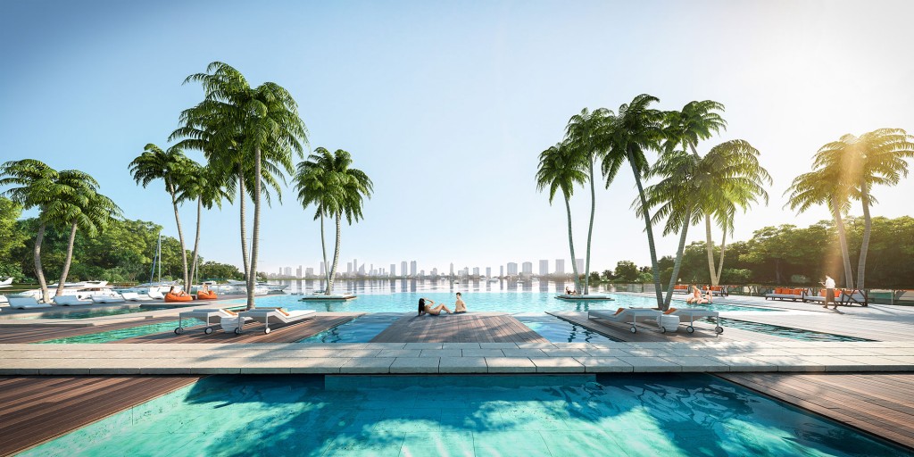 Resort pool deck rendering overlooking the bay and marina