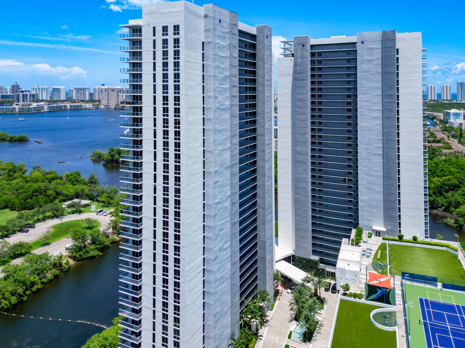 The Harbour's twin 32-story waterfront towers on Biscayne Bay, North Miami Beach