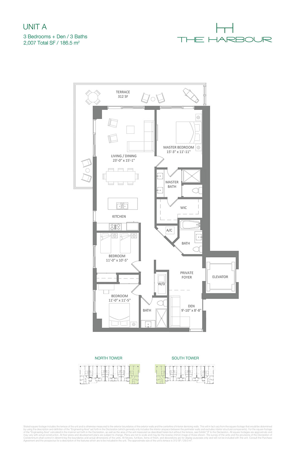 Unit A floor plan at The Harbour — 3 bedrooms plus den, 2,007 total square feet