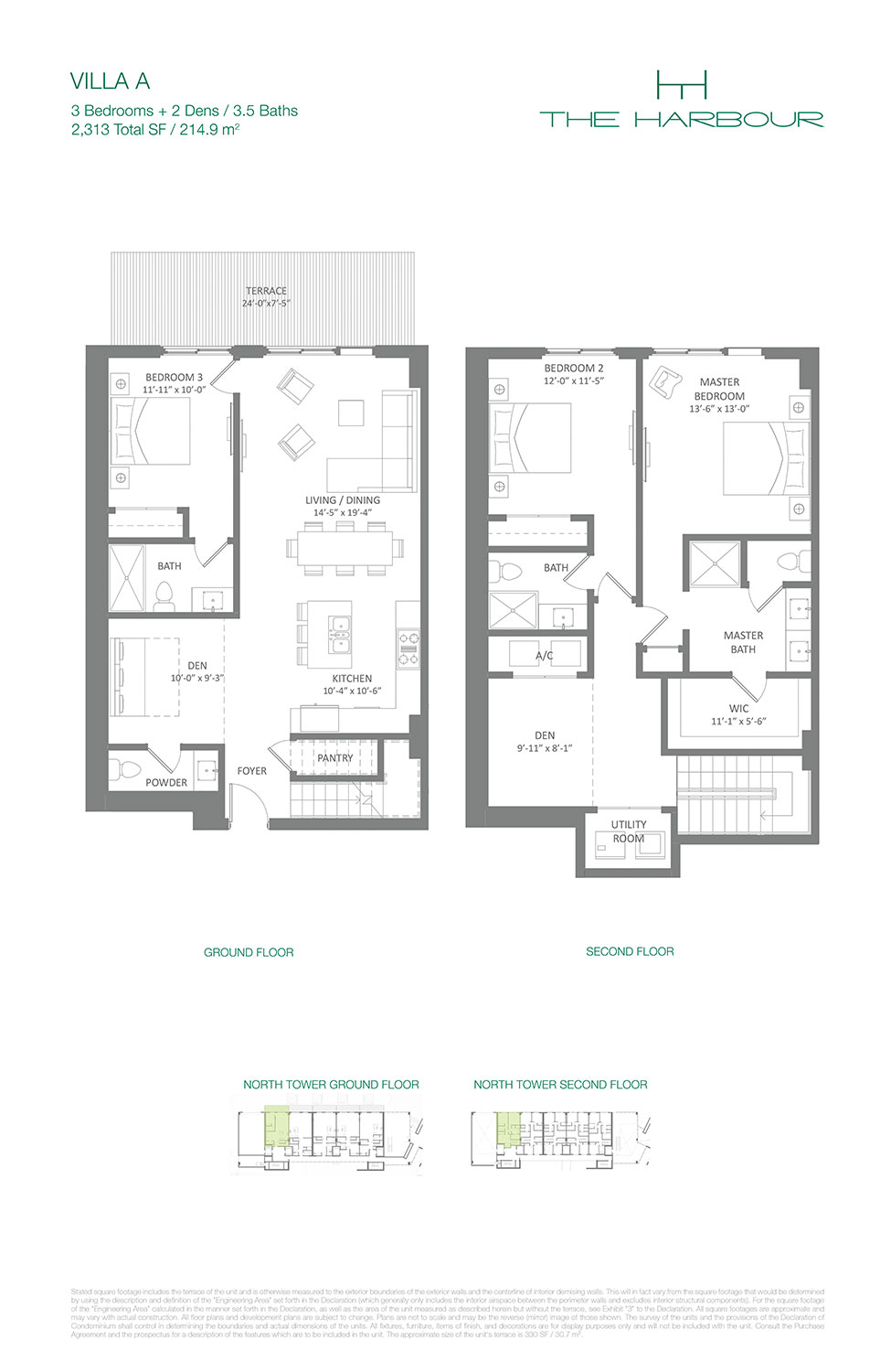 Villa A floor plan at The Harbour — two-story residence, 3 bedrooms plus 2 dens, 2,313 total square feet